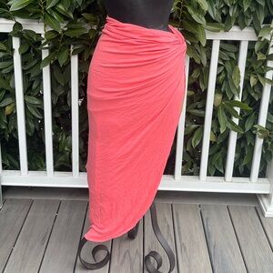 Hot Miami Styles; Coral Pink; Ruched; Asymmetrical; Slip On Skirt/Swim Cover; L